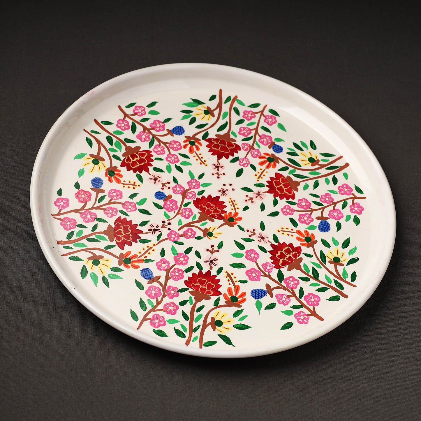 Floral White Handpainted Enamelware Stainless Steel Plate