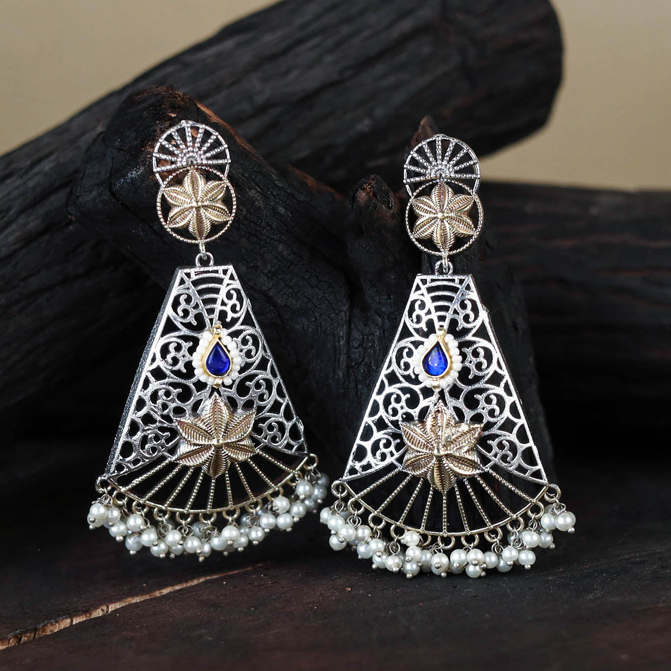 White German Silver-Plated Ethnic Drop Earrings
