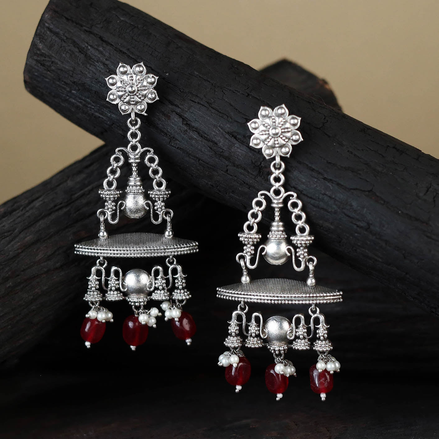 White German Silver-Plated Ethnic Drop Earrings