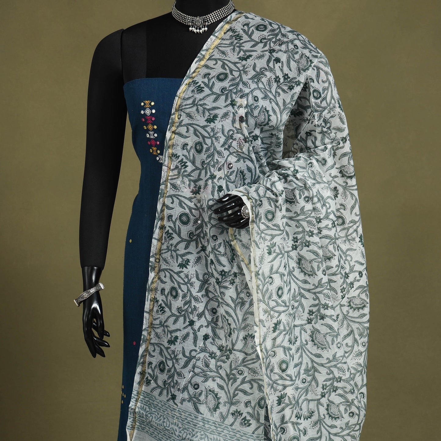 White Block Print Kota Doria Cotton Sanganeri Floral Dupatta