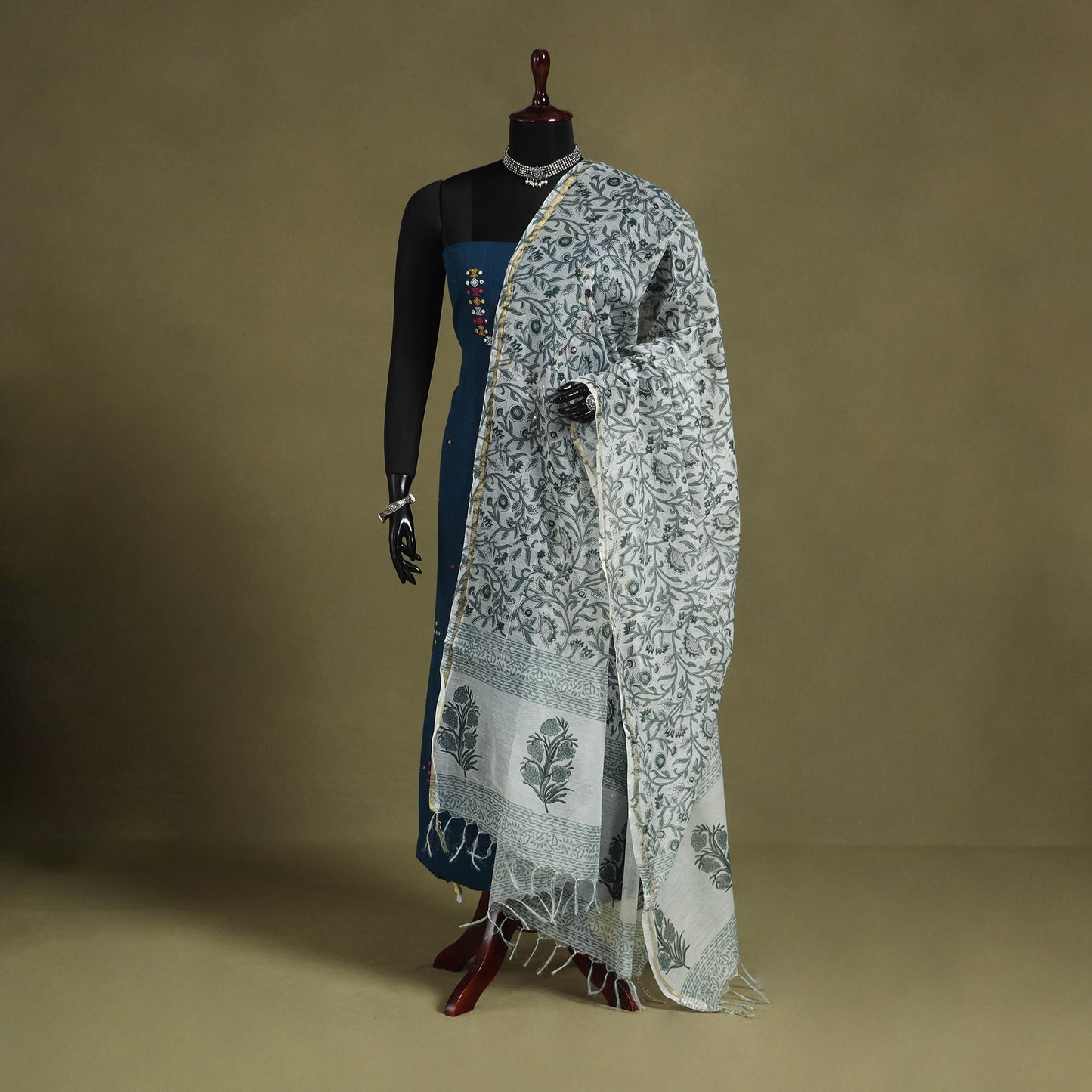 White Block Print Kota Doria Cotton Sanganeri Floral Dupatta