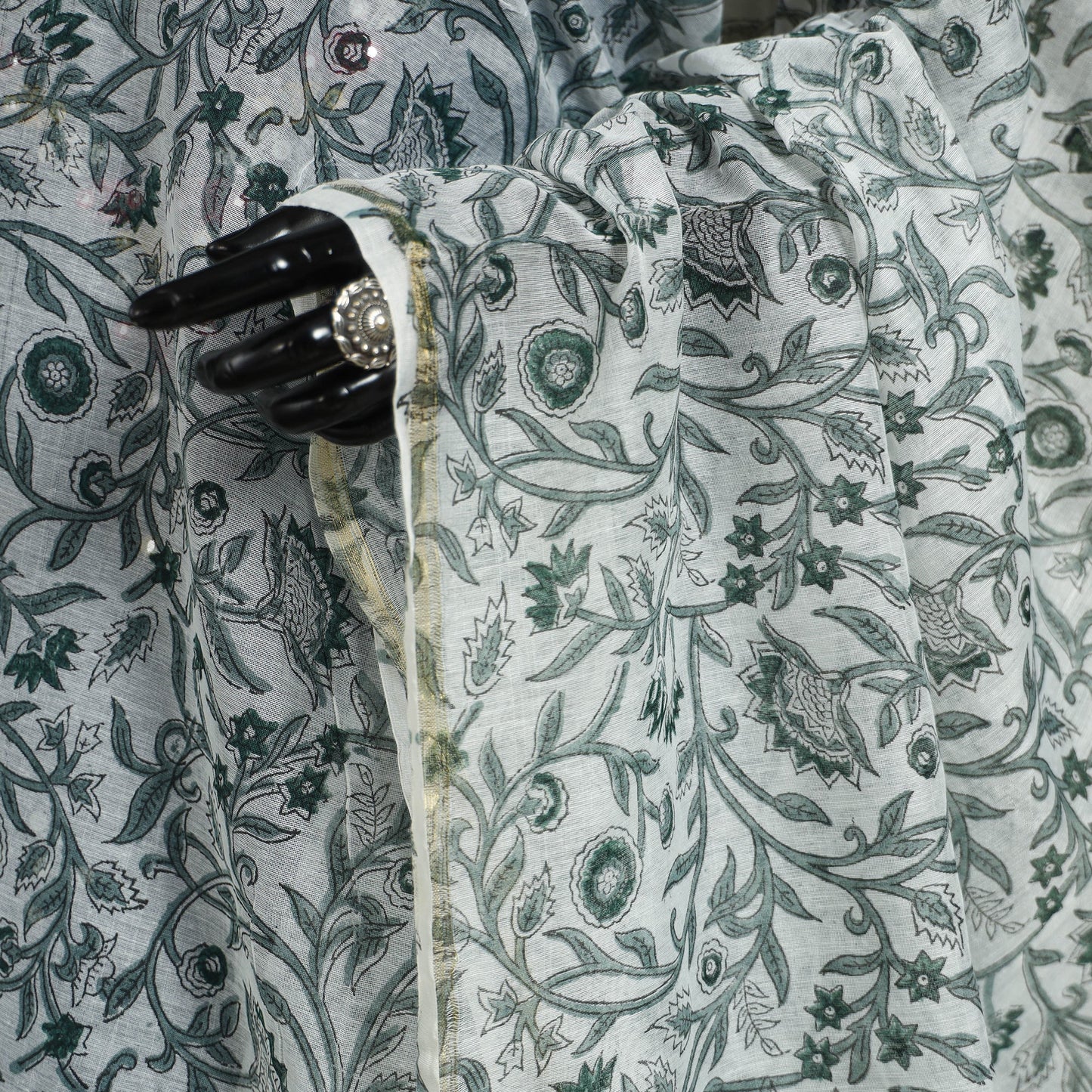 White Block Print Kota Doria Cotton Sanganeri Floral Dupatta