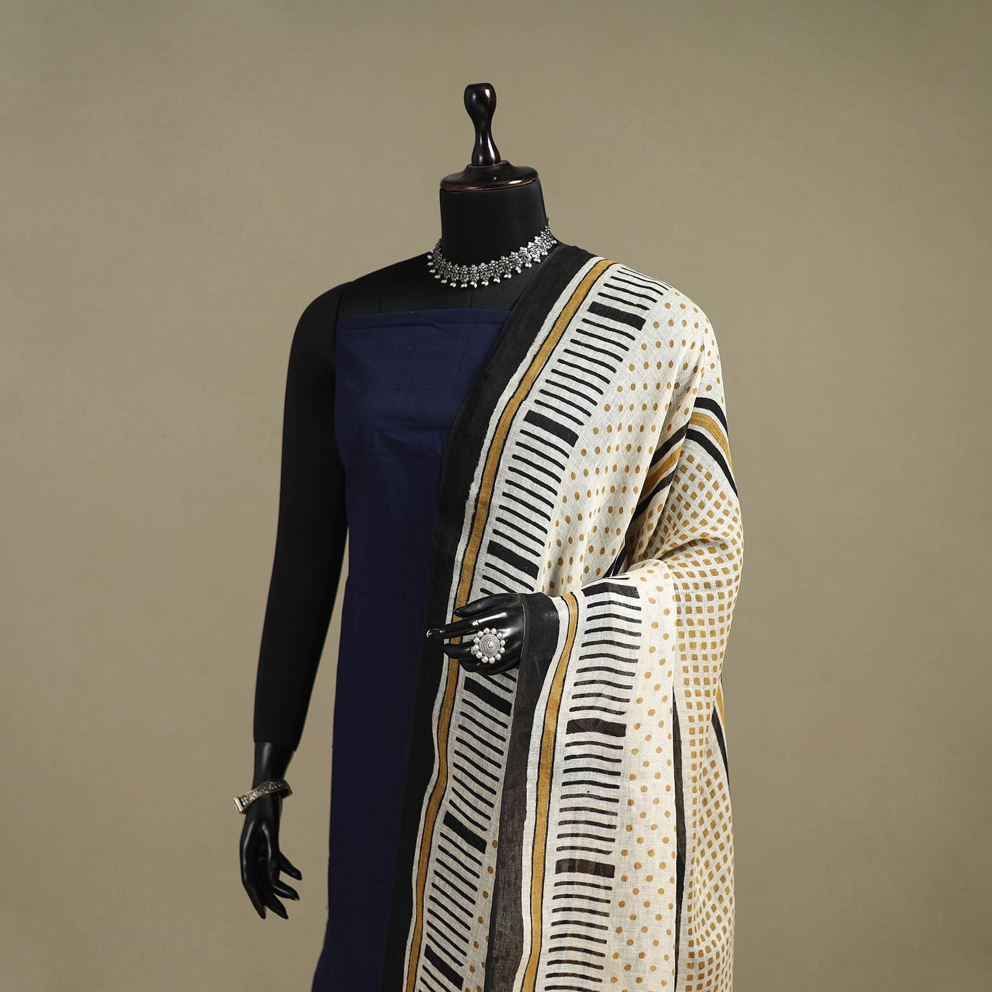 Hand natural dyed linen dupatta with tassels 04