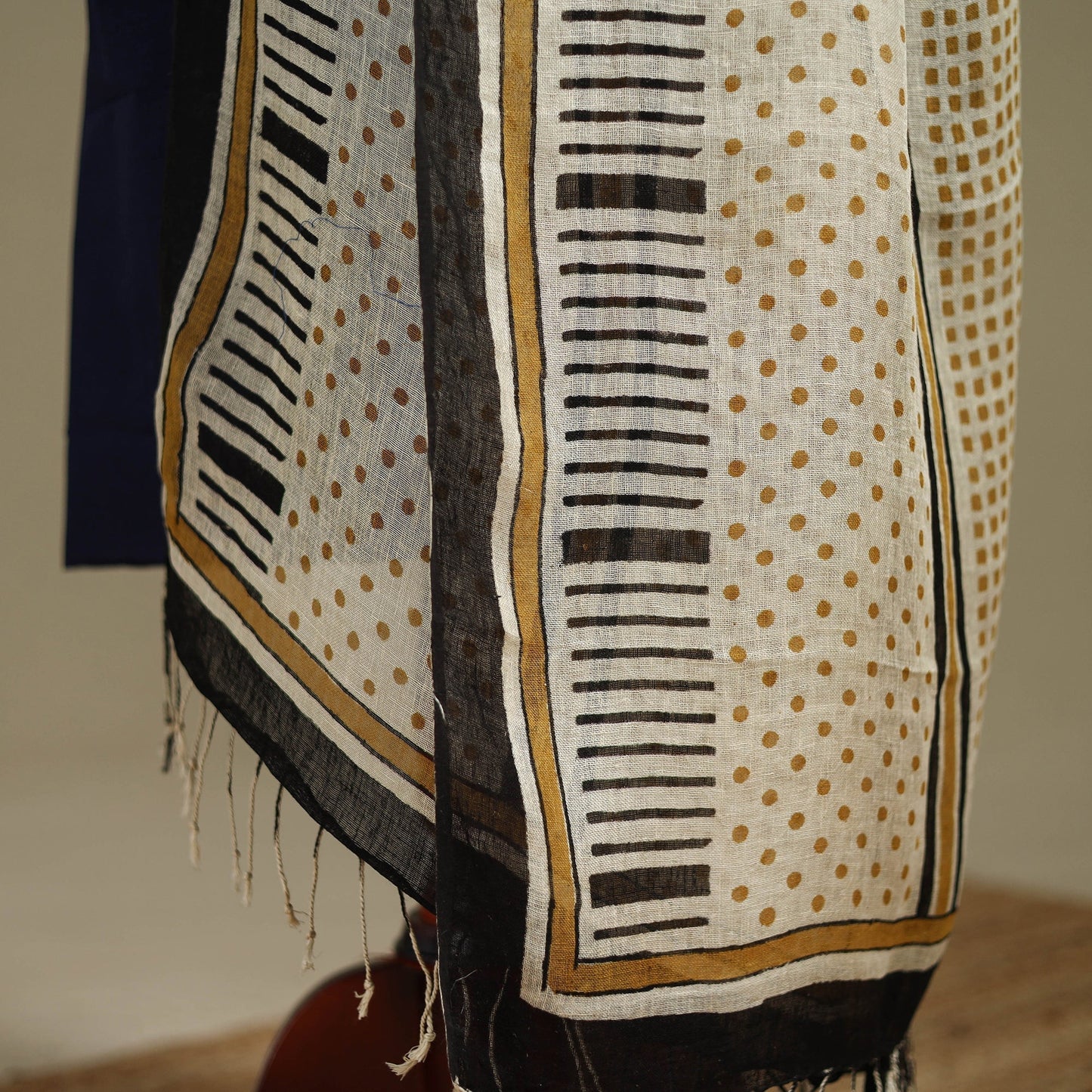 Hand natural dyed linen dupatta with tassels 04