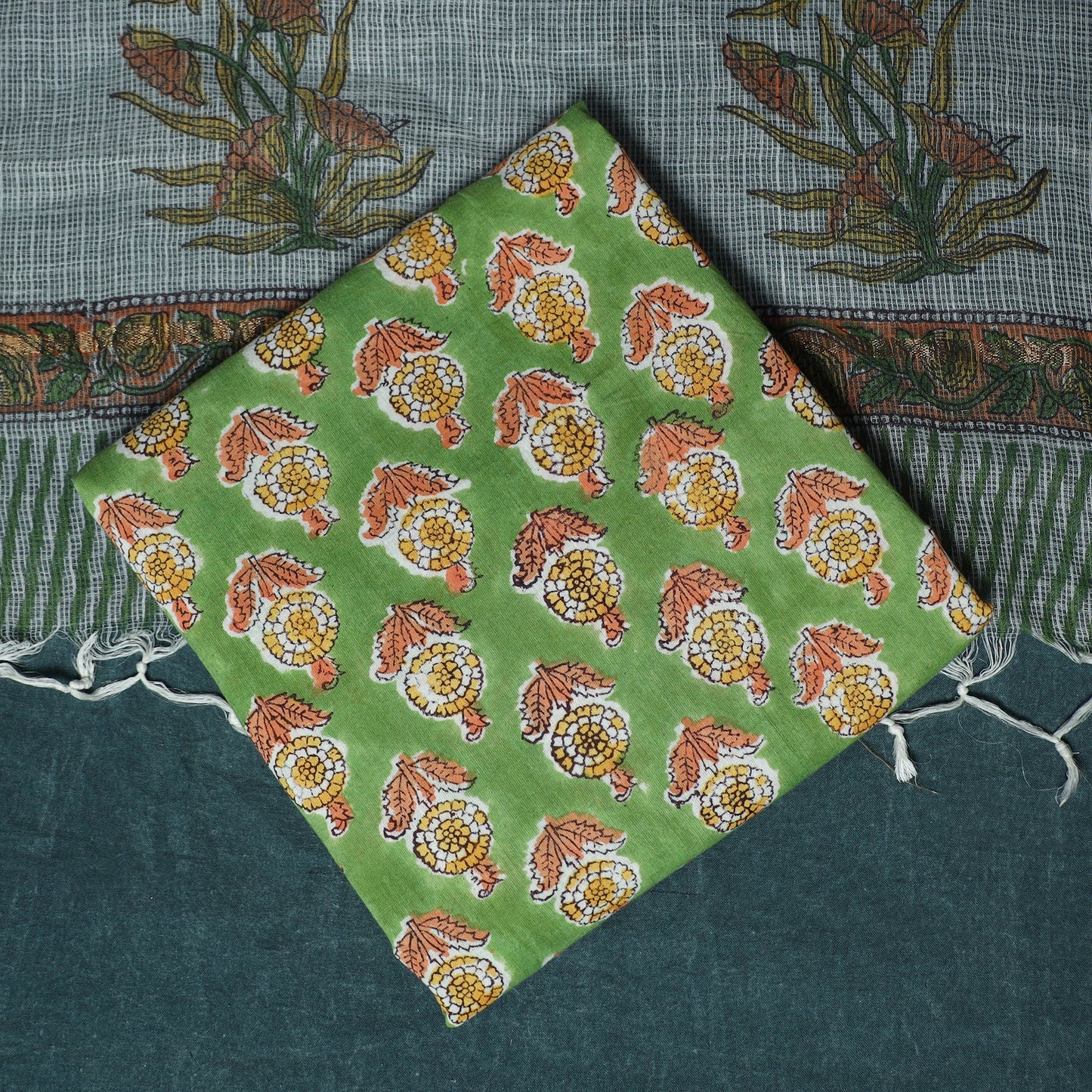 Hand block print sanganeri cotton 3pc unstitched dress