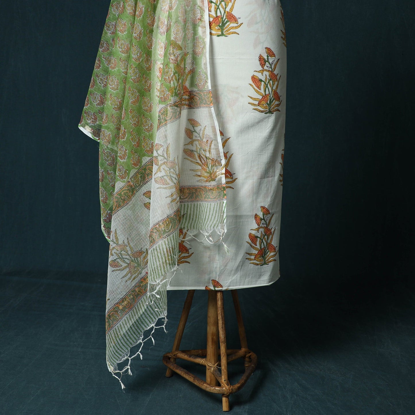 Hand block print sanganeri cotton 3pc unstitched dress