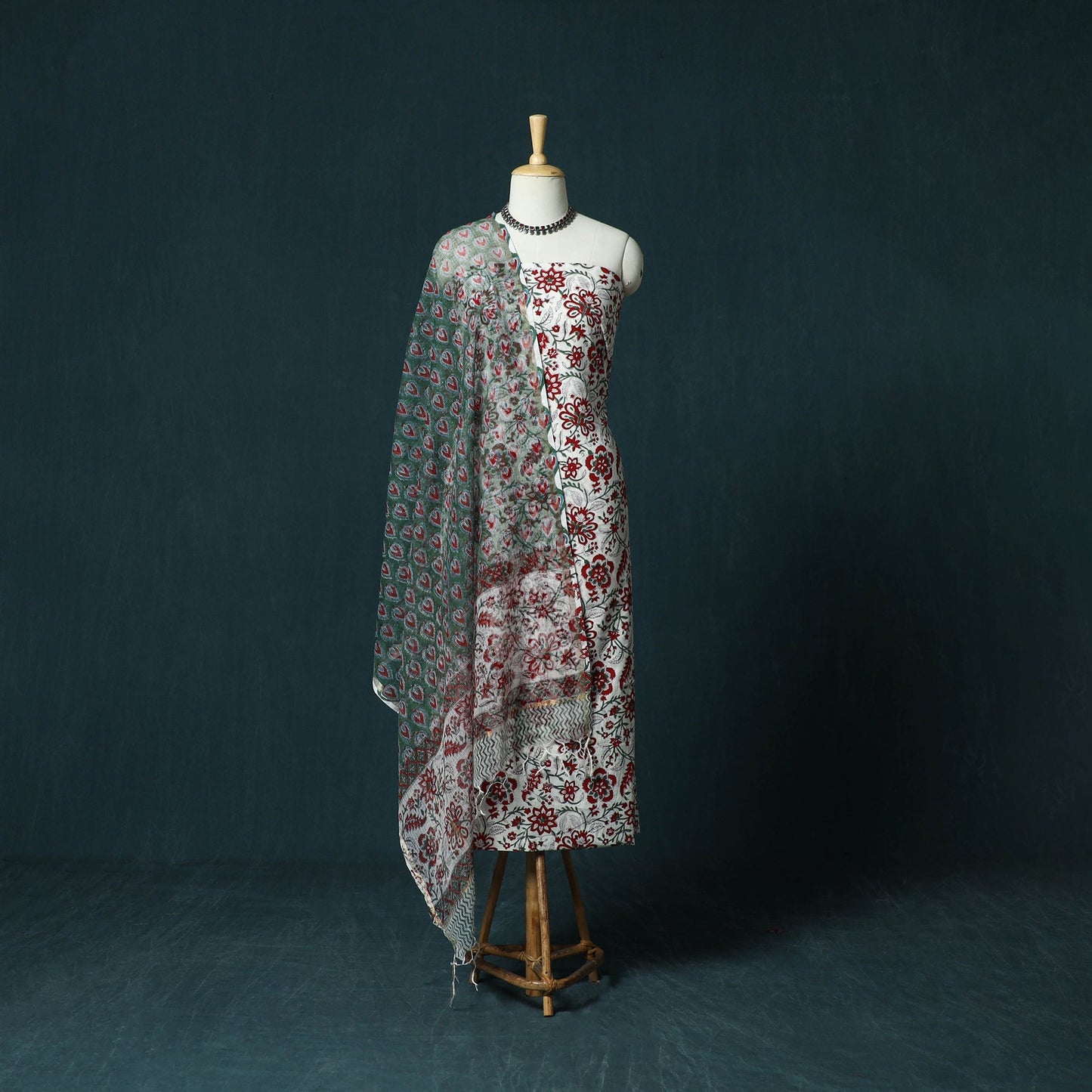Hand block print sanganeri cotton 3pc unstitched dress