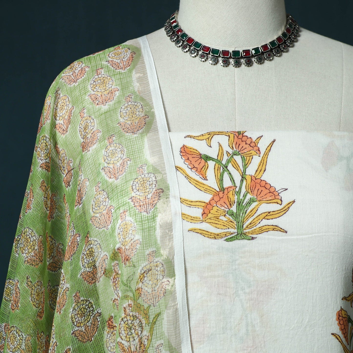 Hand block print sanganeri cotton 3pc unstitched dress