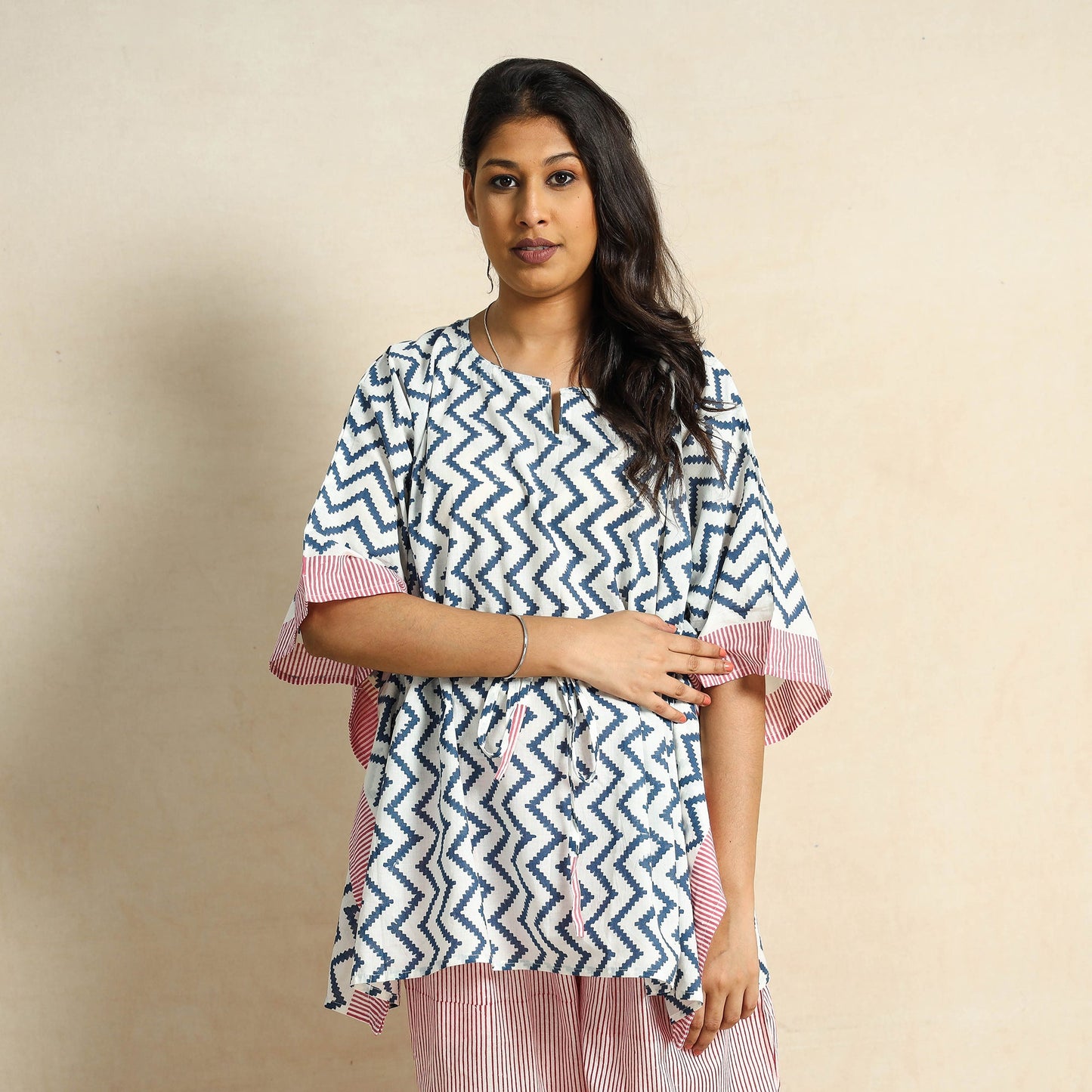 White - Hand Block Printed Cotton Kaftan & Pyjama Night Suit Set