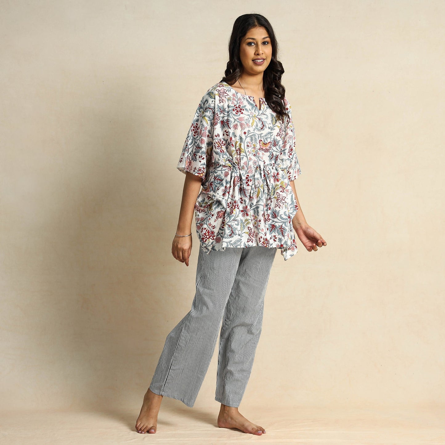 Hand Block Printed Cotton Kaftan & Pyjama Night Suit Set