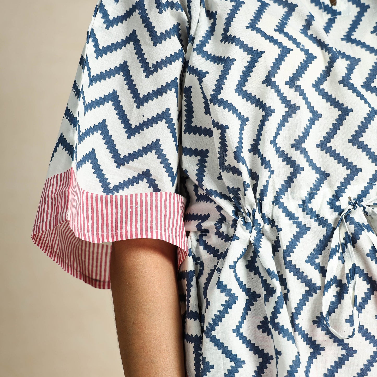 White - Hand Block Printed Cotton Kaftan & Pyjama Night Suit Set