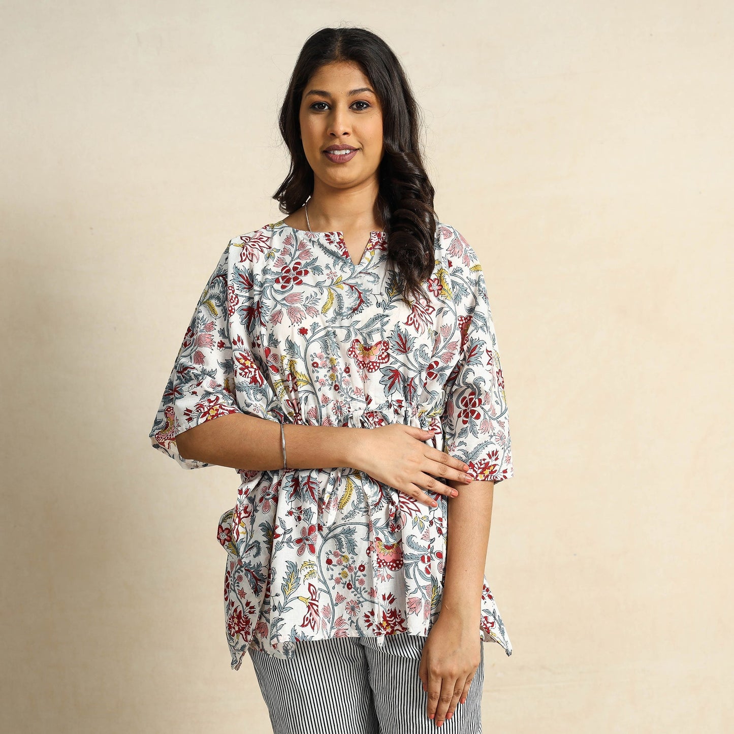 Hand Block Printed Cotton Kaftan & Pyjama Night Suit Set