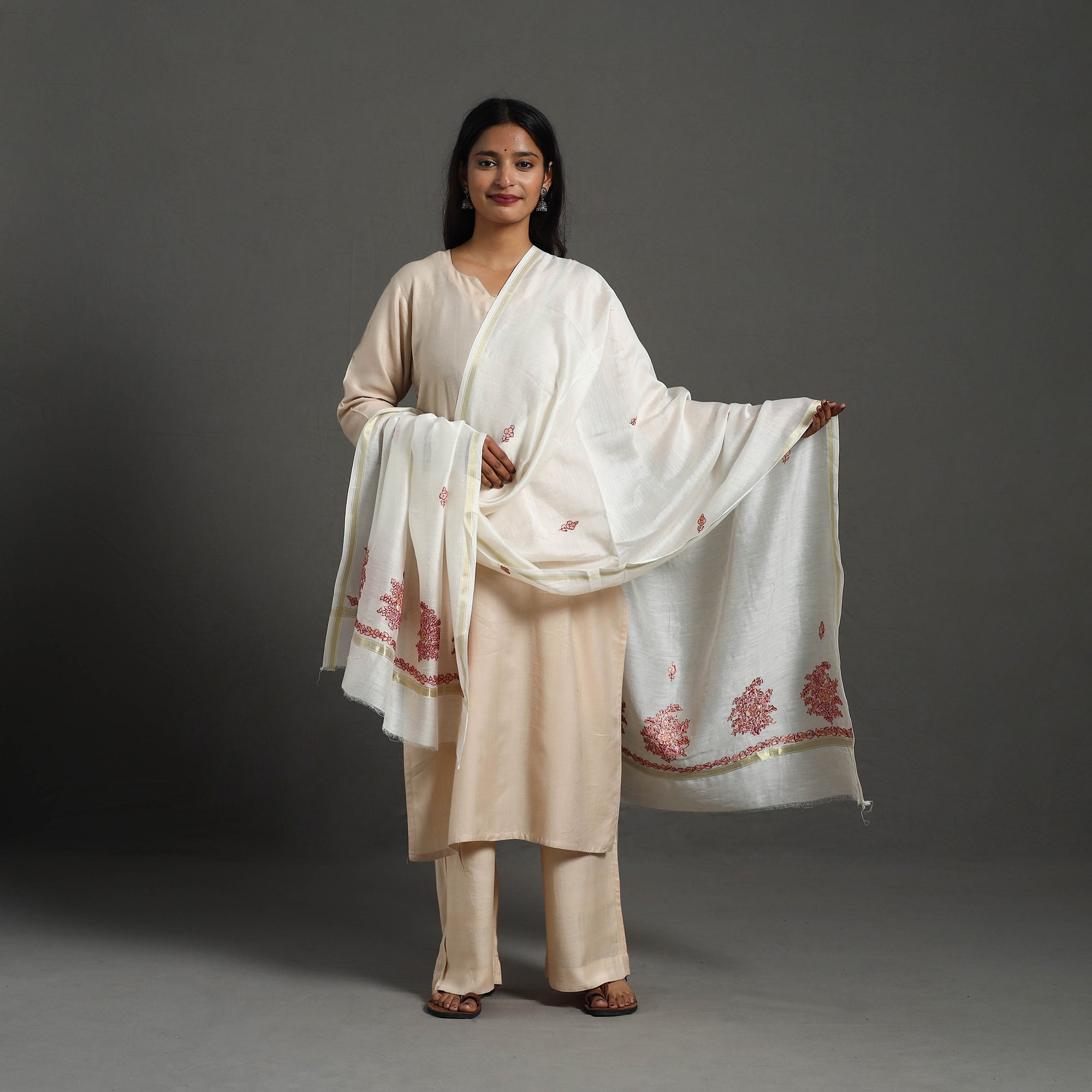 Red - Handloom Chanderi Silk Kashida Embroidery Dupatta 05