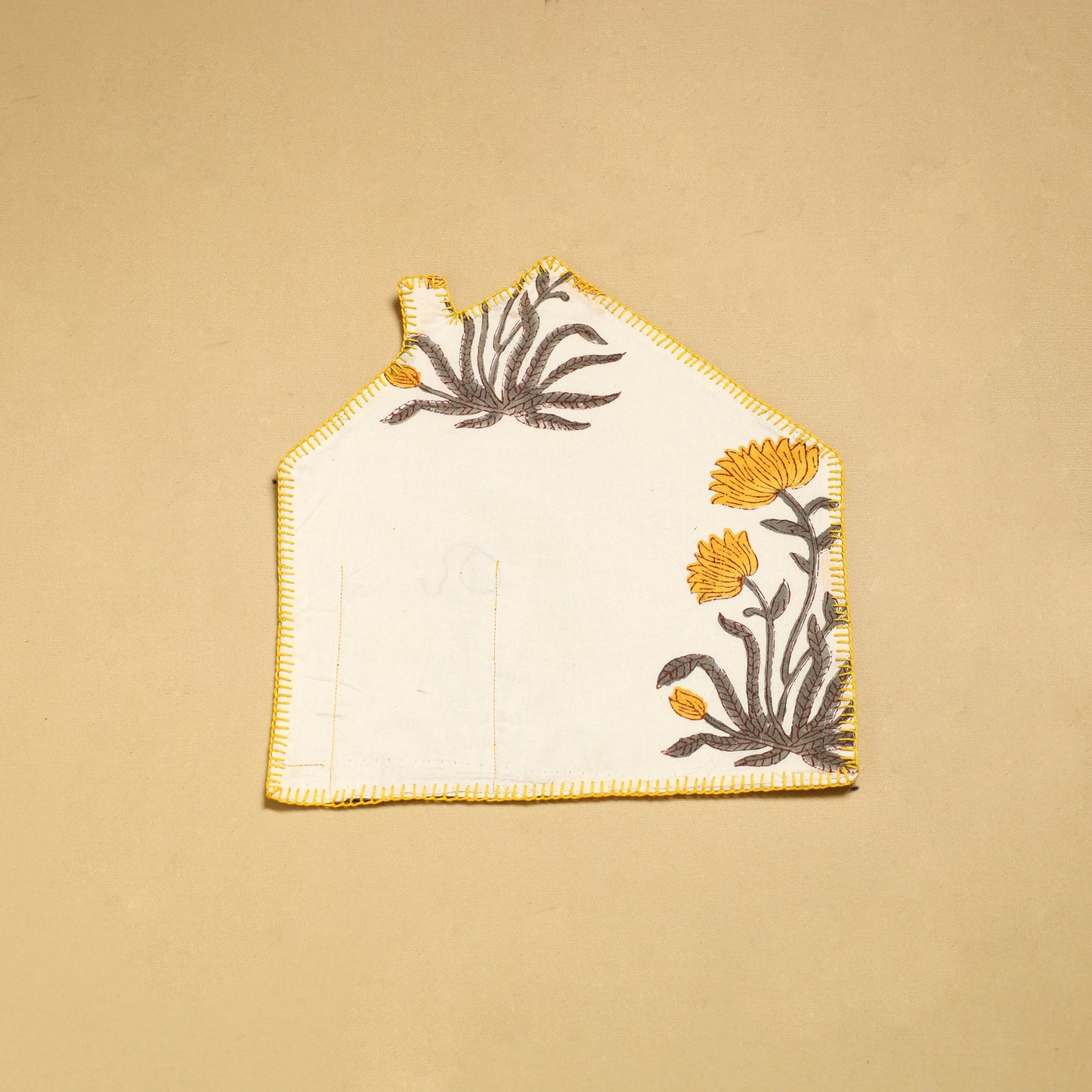 White Hand Embroidered Floral Pot Holder with Pocket