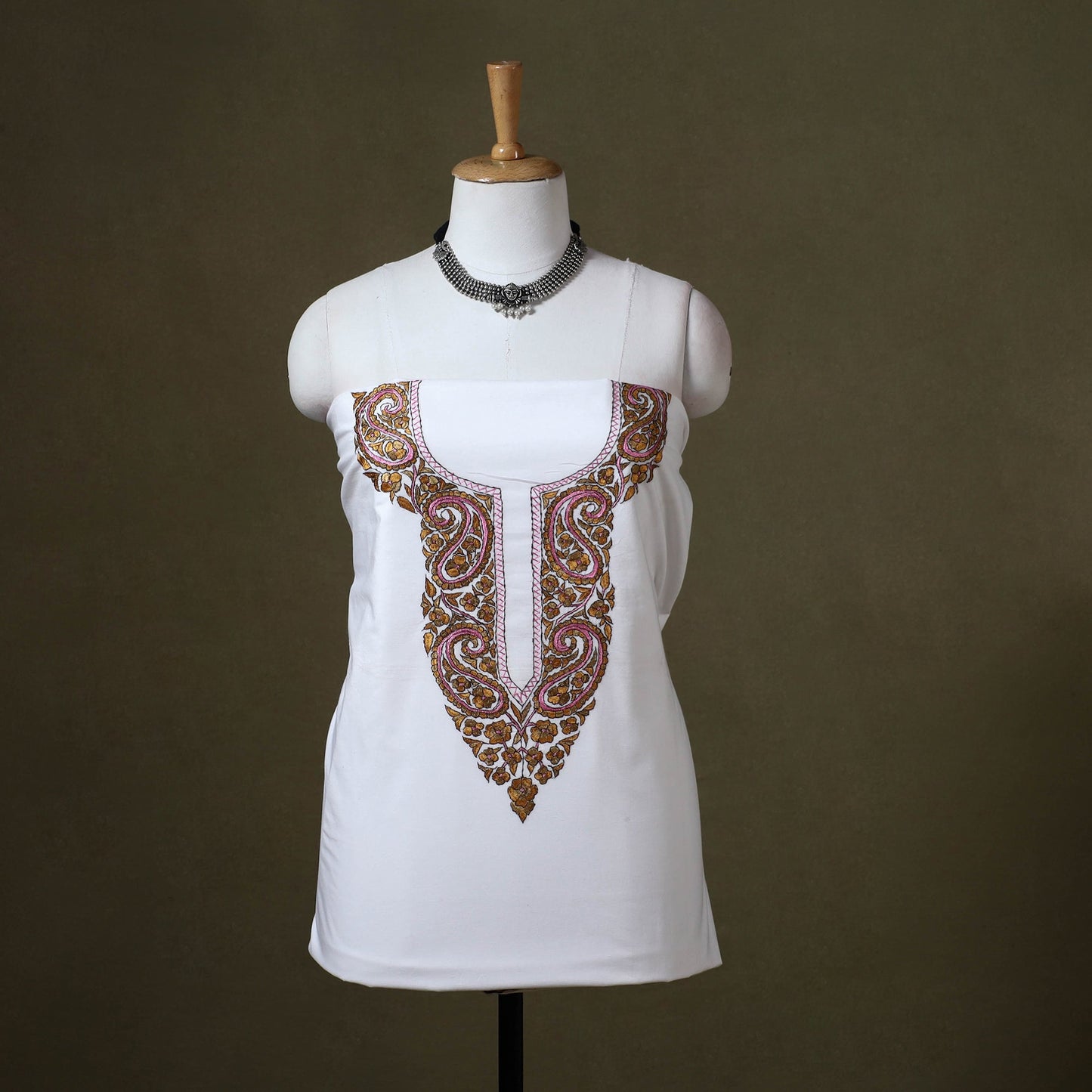 White Hand Embroidery Cotton Kashida Kurta Material