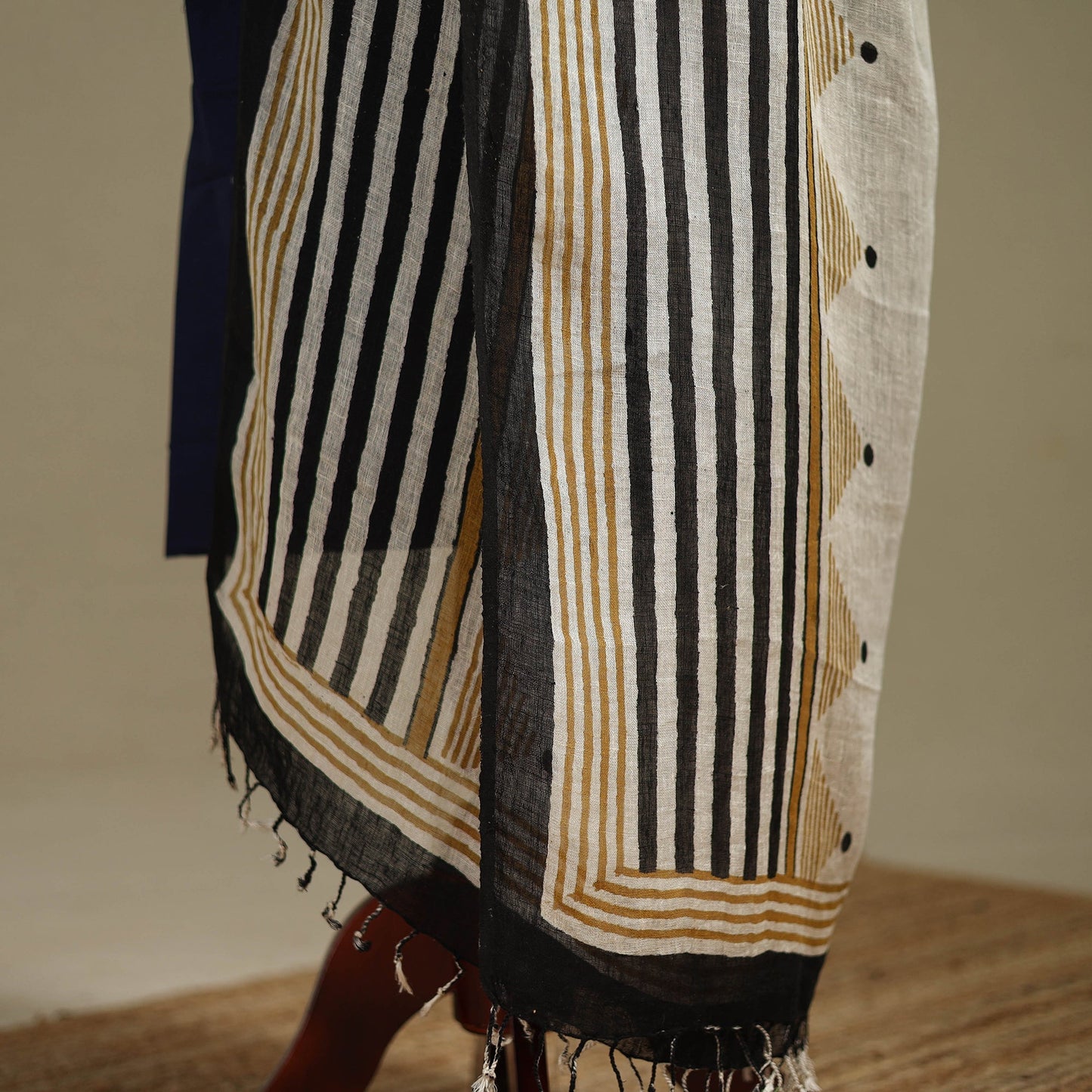 Hand natural dyed linen dupatta with tassels 03