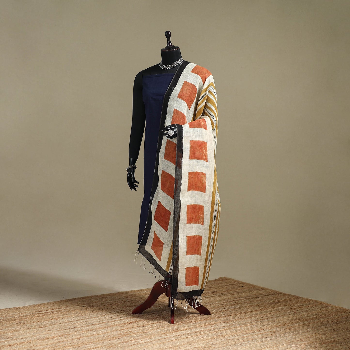 Hand natural dyed linen dupatta with tassels 05