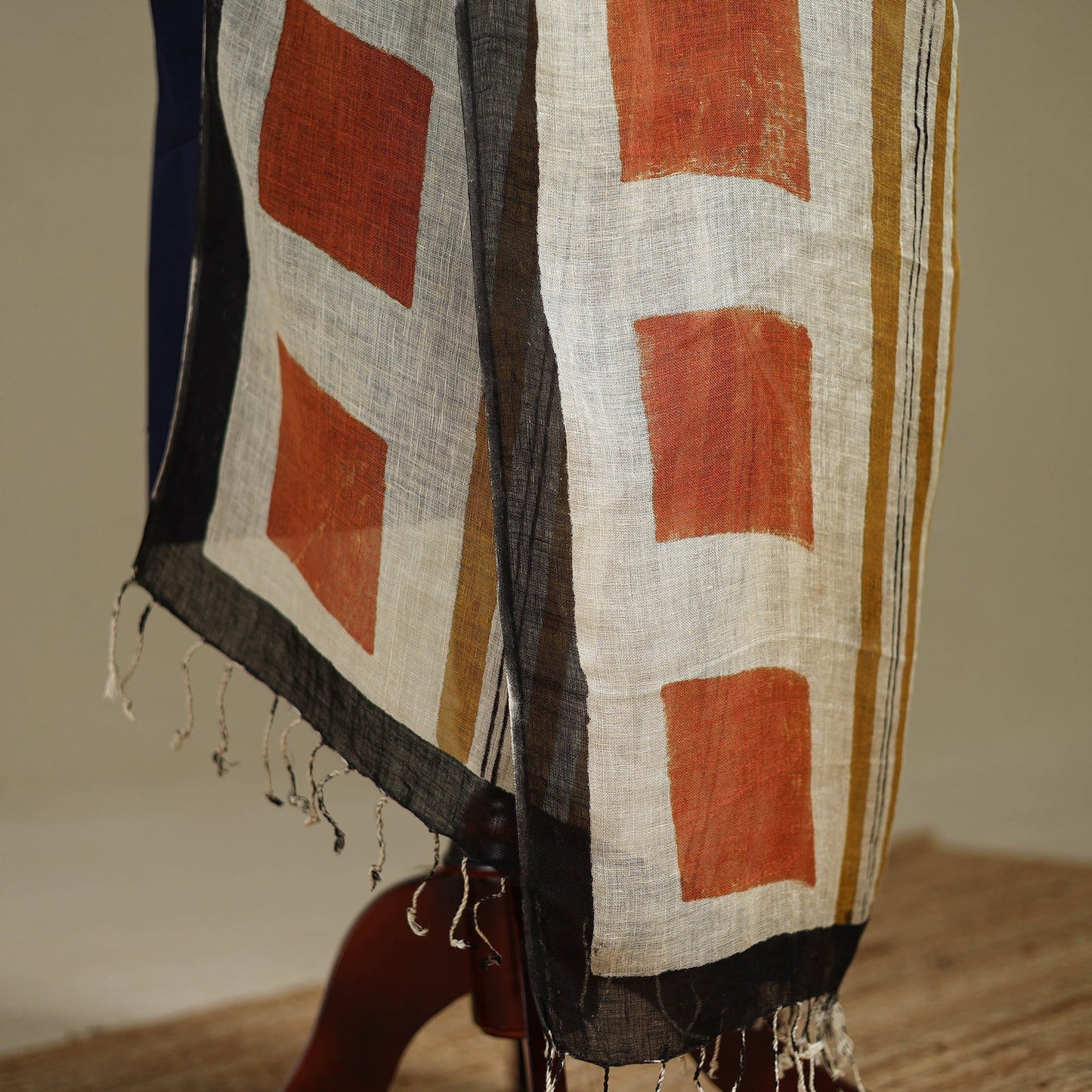 Hand natural dyed linen dupatta with tassels 05