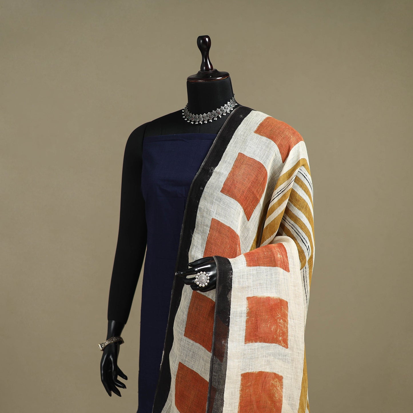 Hand natural dyed linen dupatta with tassels 05