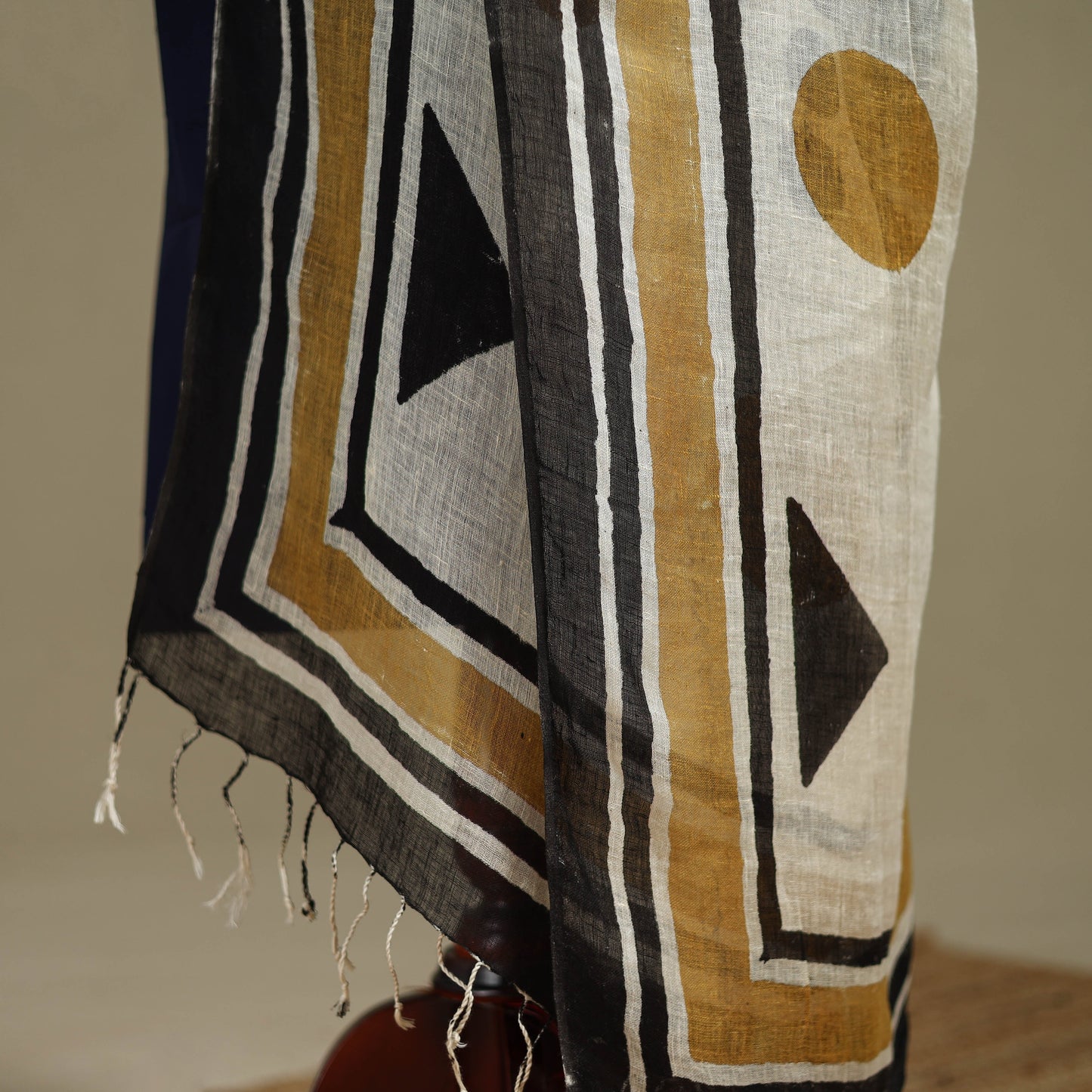 Hand natural dyed linen dupatta with tassels 08