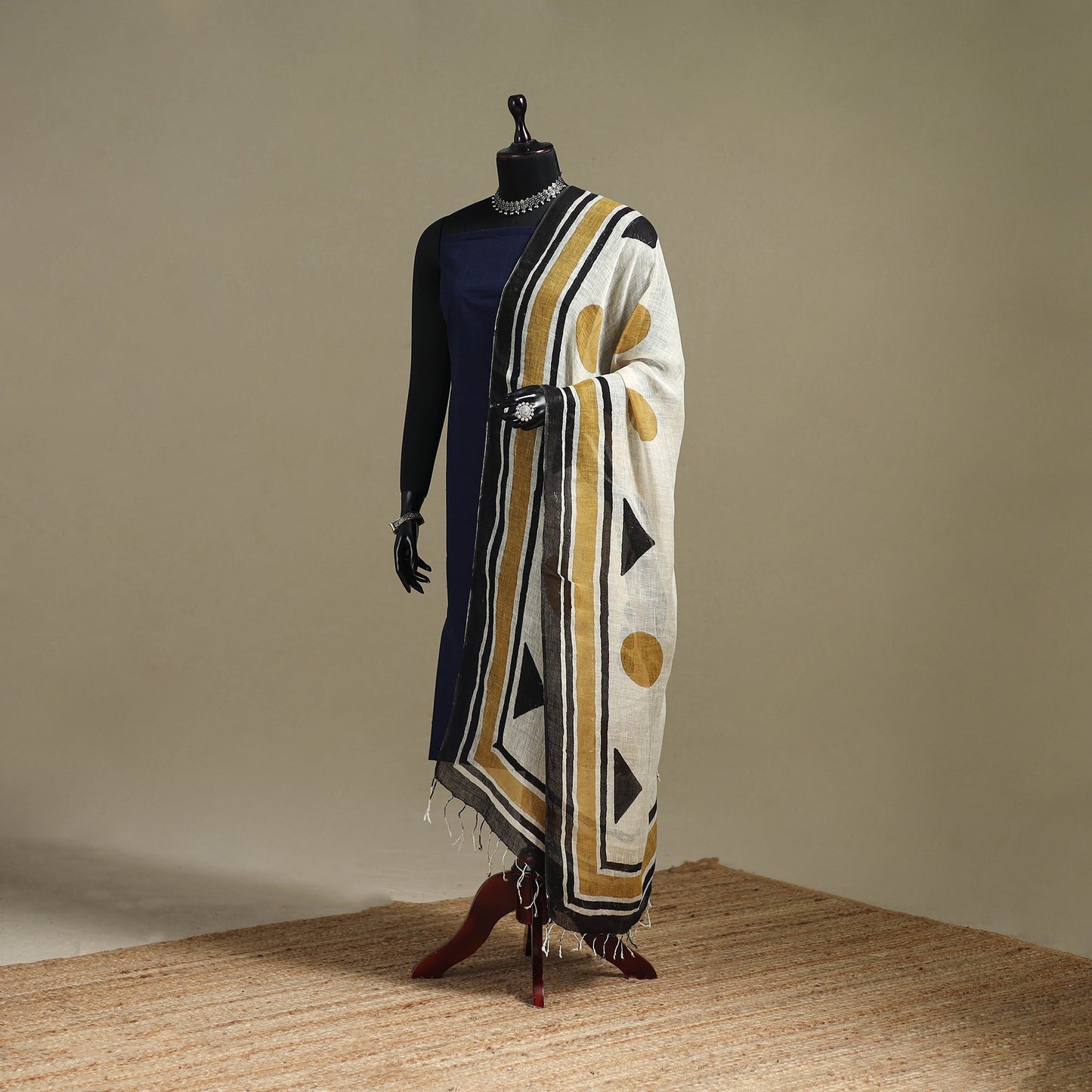 Hand natural dyed linen dupatta with tassels 08