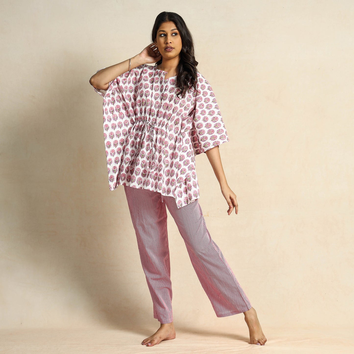 Hand Block Printed Cotton Kaftan & Pyjama Night Suit Set