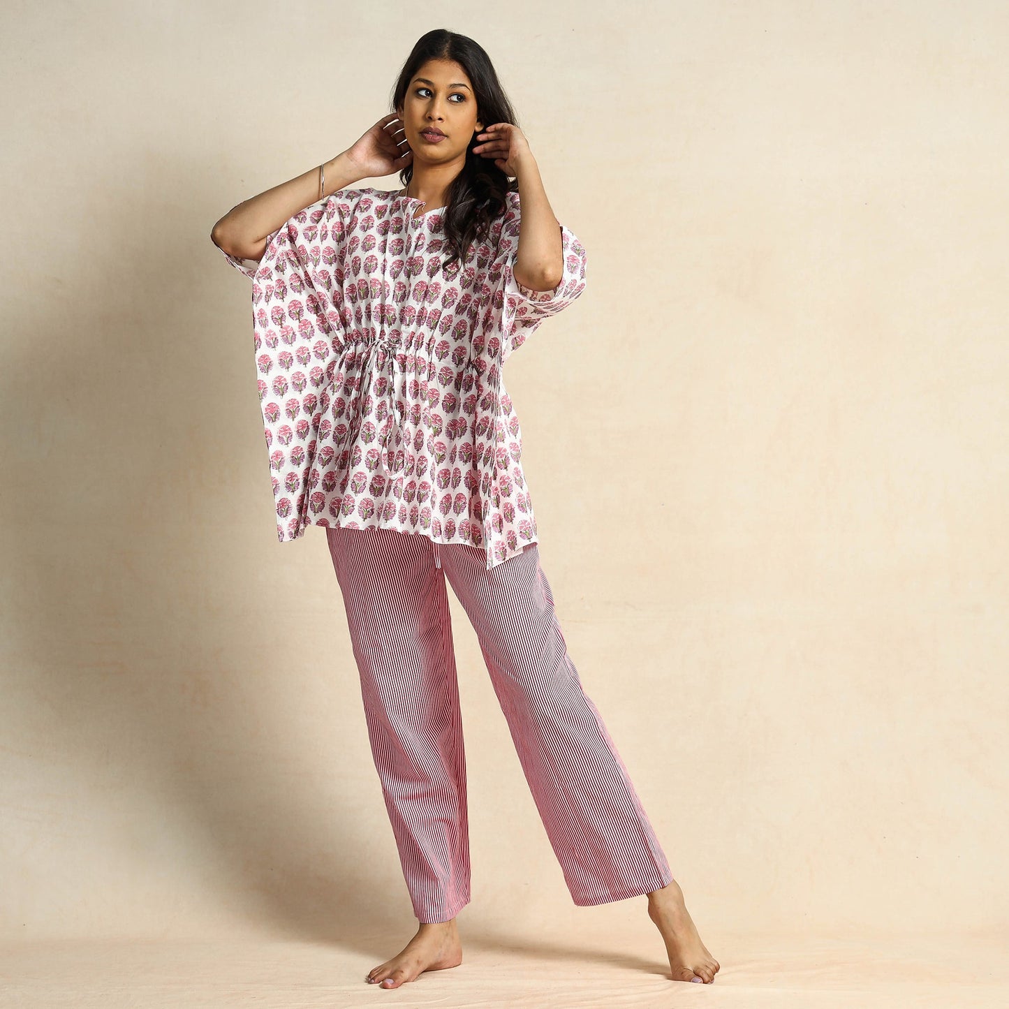 Hand Block Printed Cotton Kaftan & Pyjama Night Suit Set