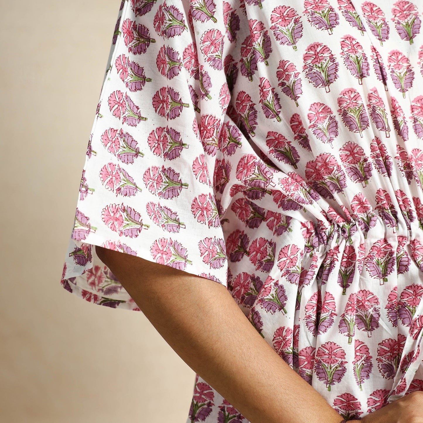 Hand Block Printed Cotton Kaftan & Pyjama Night Suit Set