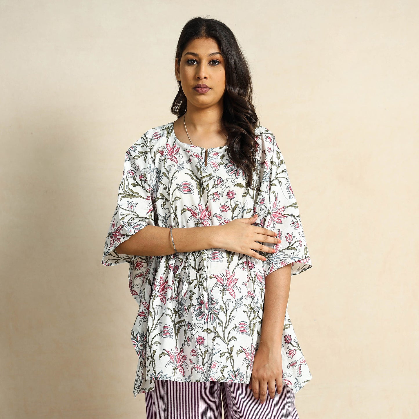 Hand Block Printed Cotton Kaftan & Pyjama Night Suit Set