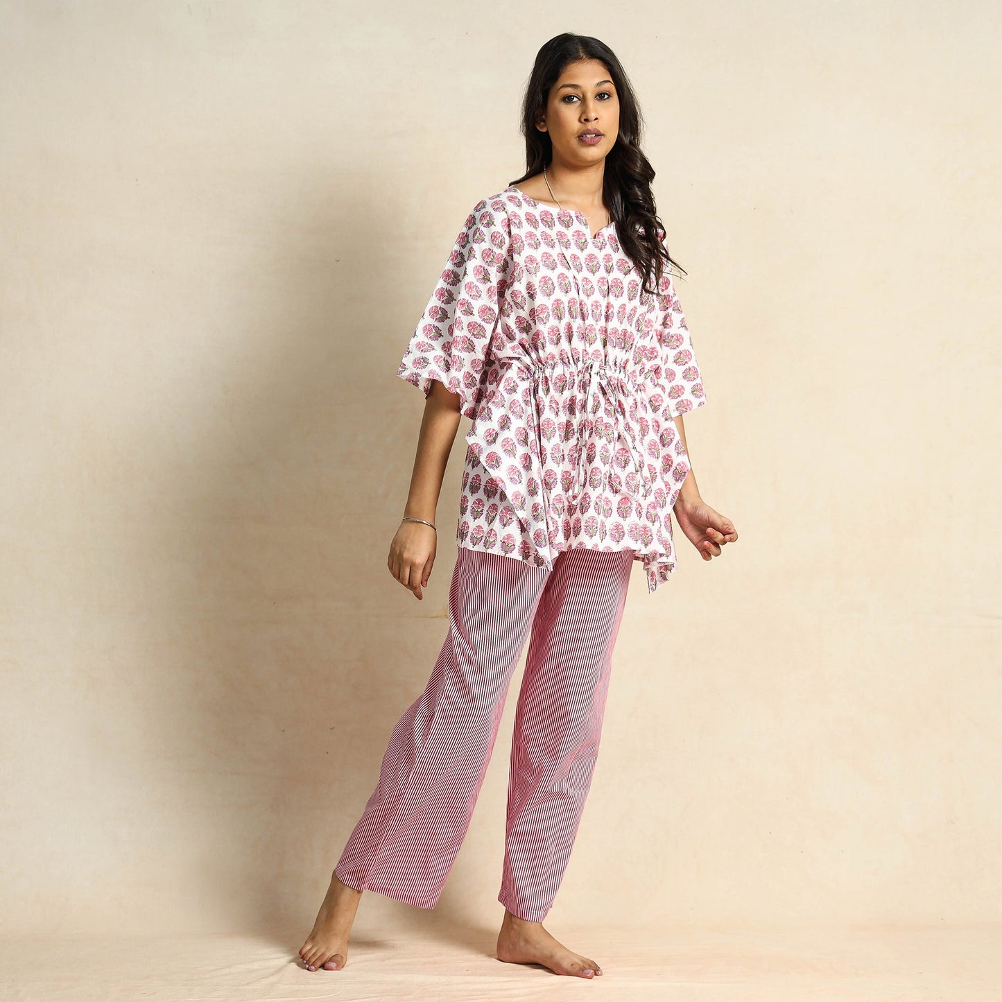 Hand Block Printed Cotton Kaftan & Pyjama Night Suit Set