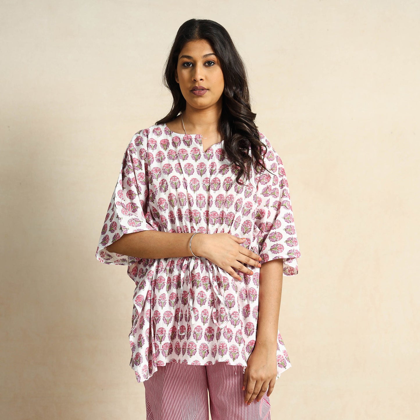 Hand Block Printed Cotton Kaftan & Pyjama Night Suit Set