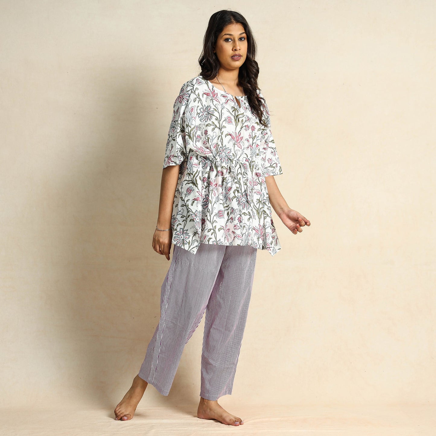 Hand Block Printed Cotton Kaftan & Pyjama Night Suit Set