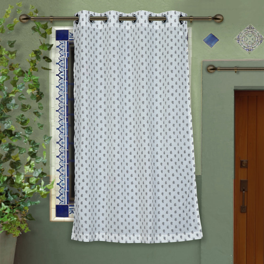 White - Hand Block Printed Cotton Window Curtain (5 x 3.5 feet) (single piece)