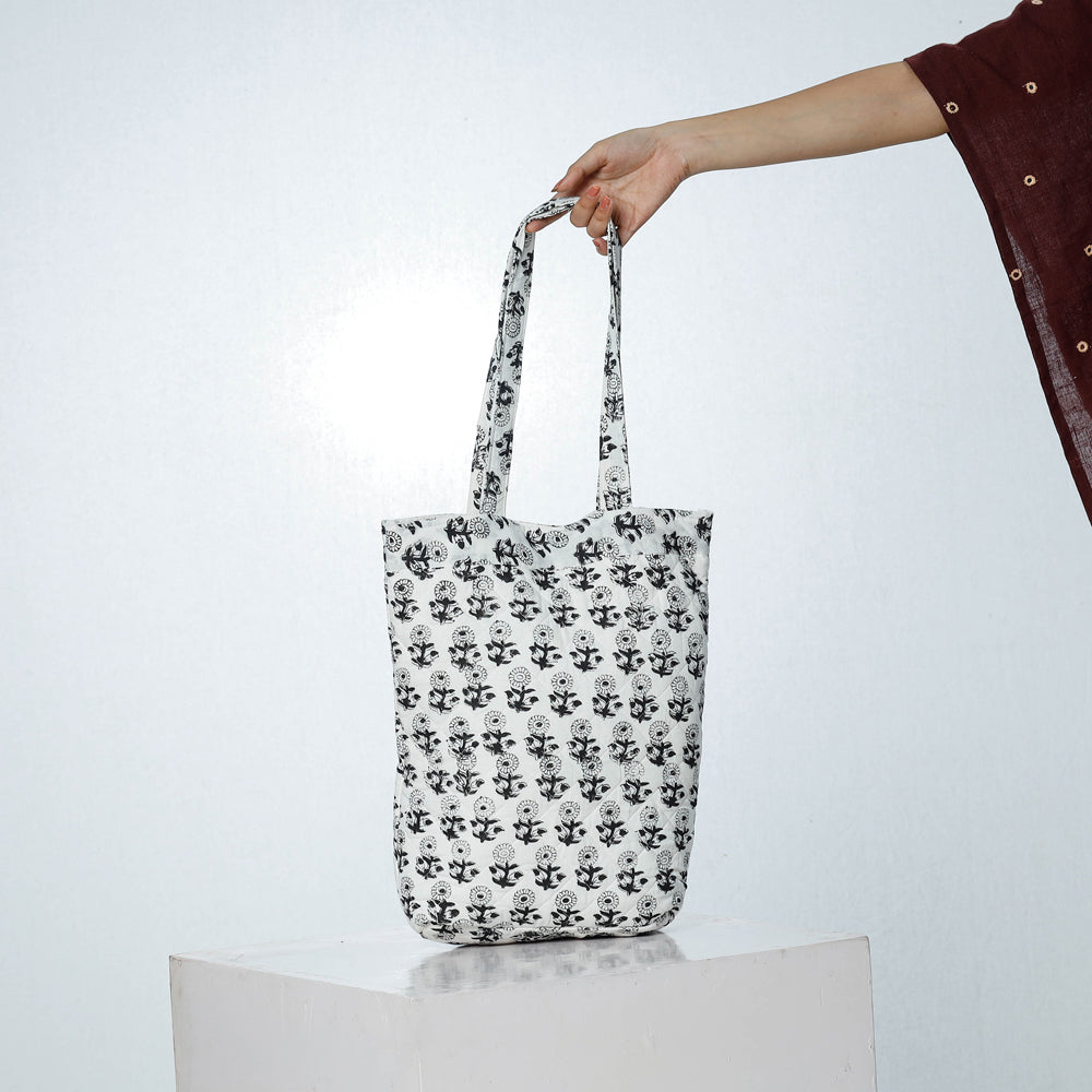 White Handcrafted Quilted Sanganeri Block Printed Shoulder Bag