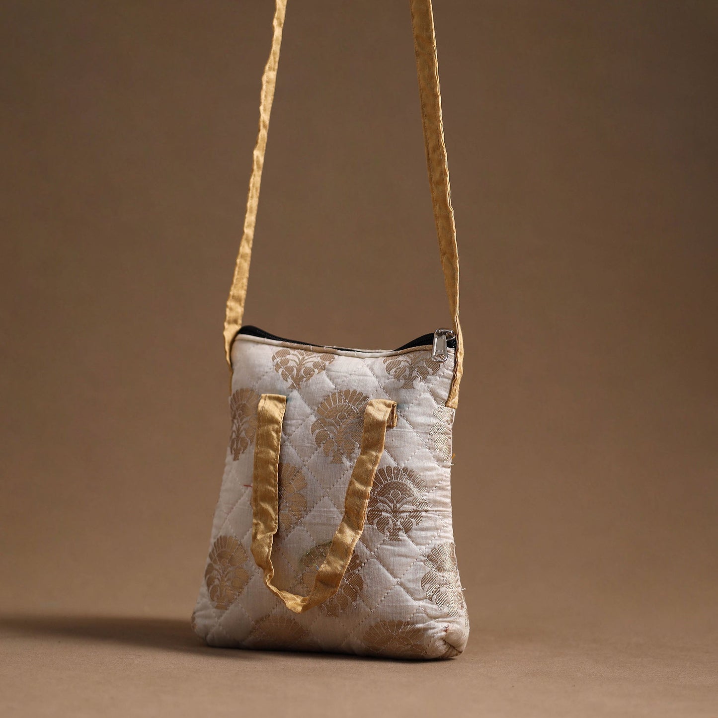 White - handcrafted quilted silk sling bag 32