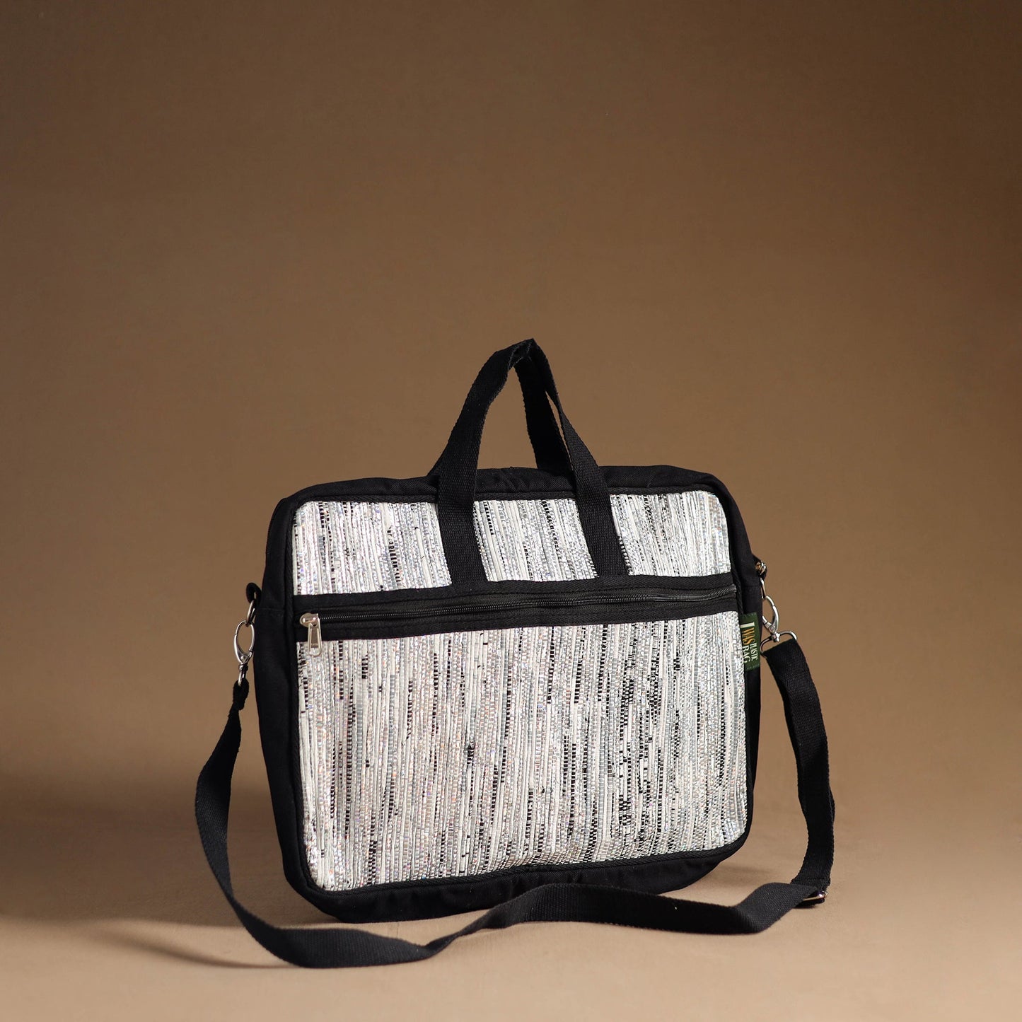 White Handcrafted Upcycled Woven Laptop Bag