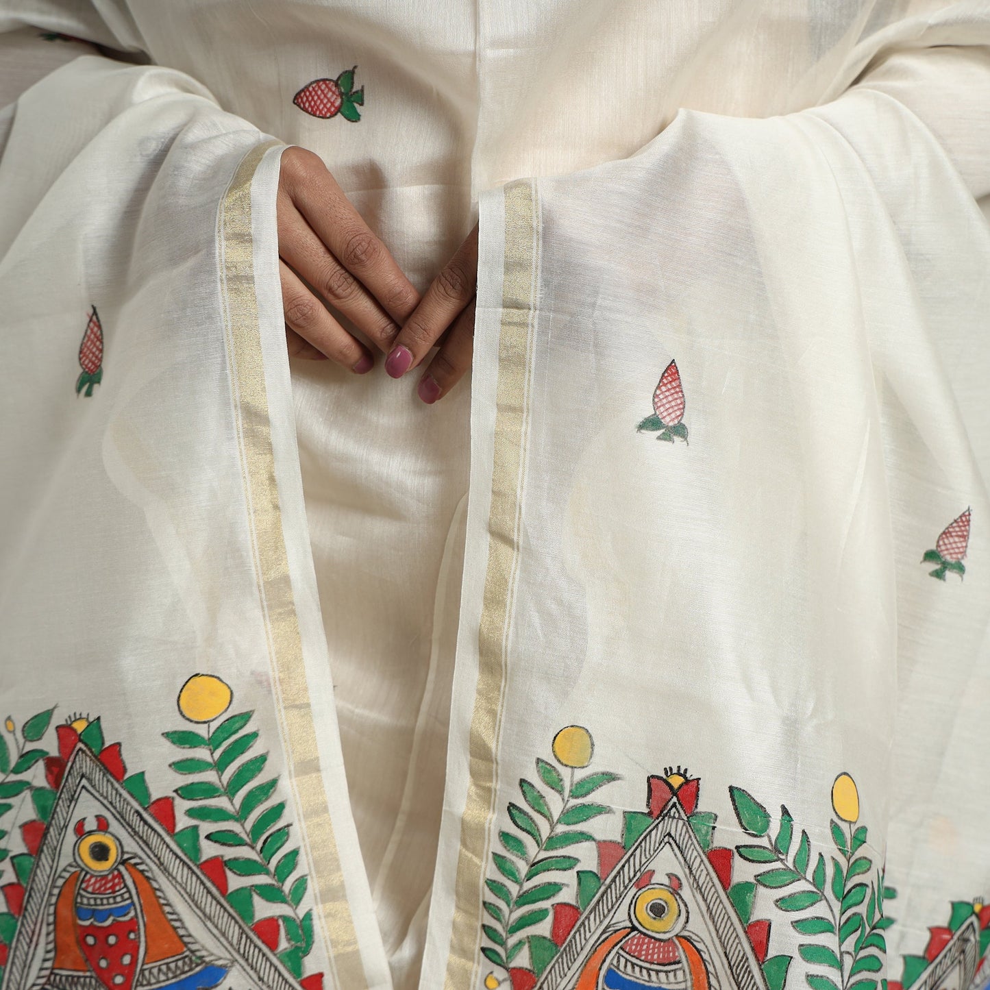 White - handloom chanderi silk handpainted madhubani