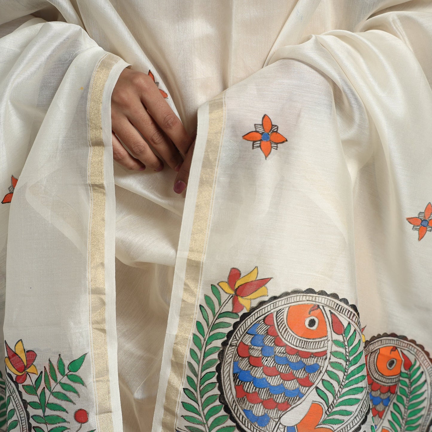 White - handloom chanderi silk handpainted madhubani
