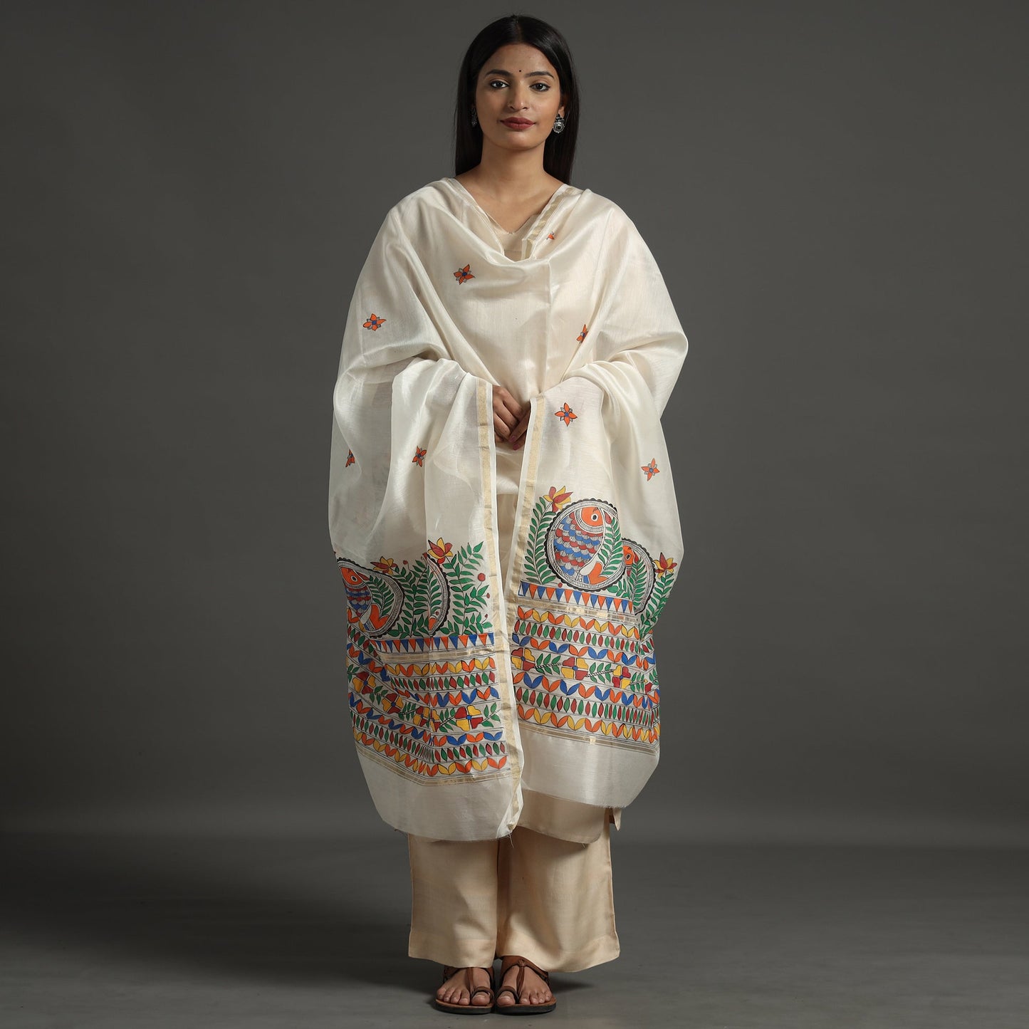 White - handloom chanderi silk handpainted madhubani