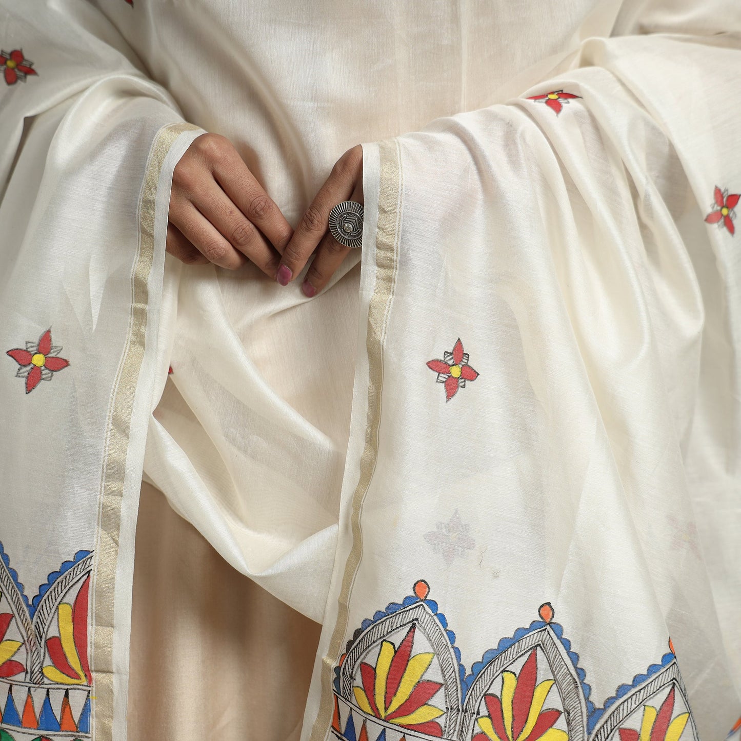 White - handloom chanderi silk handpainted madhubani