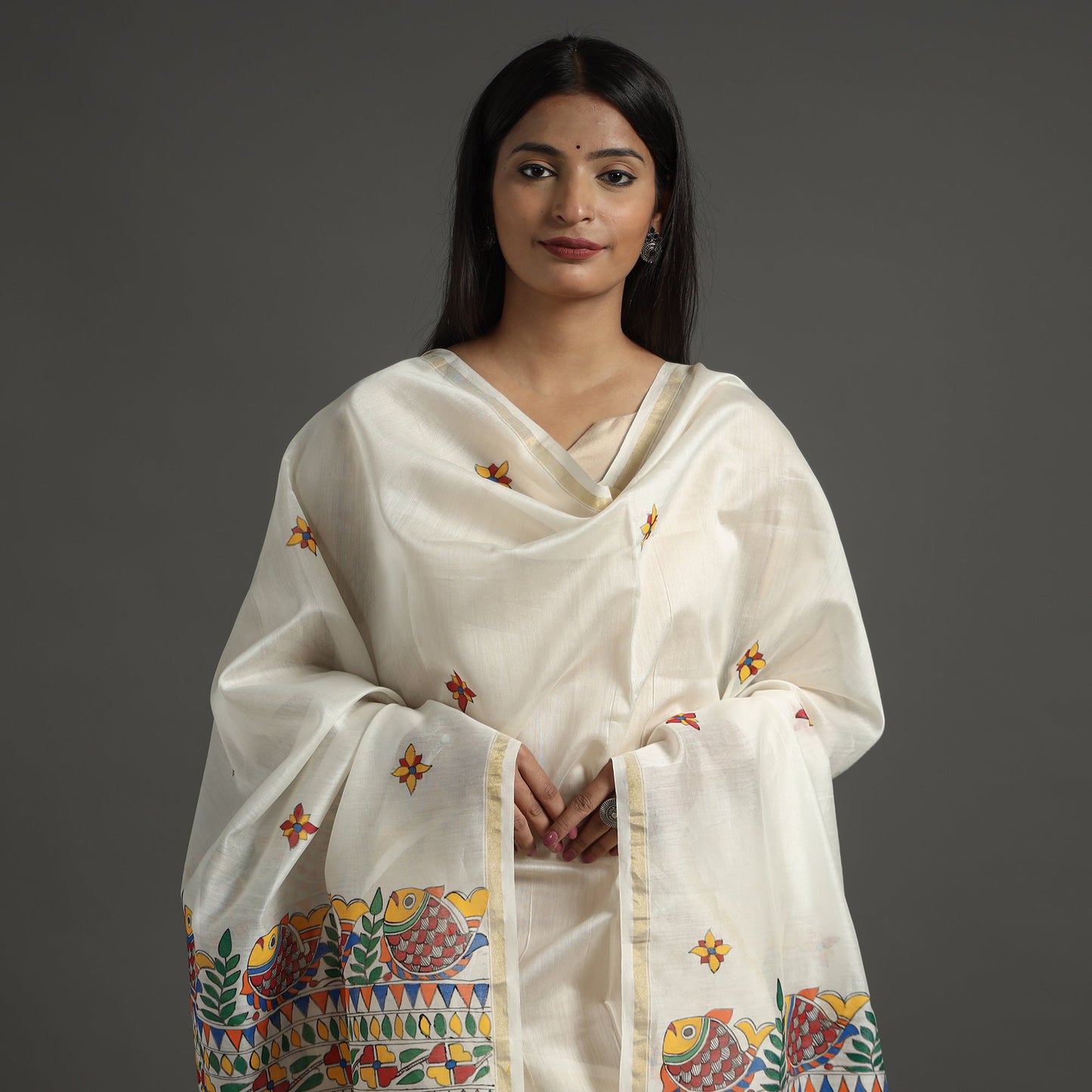White - handloom chanderi silk handpainted madhubani
