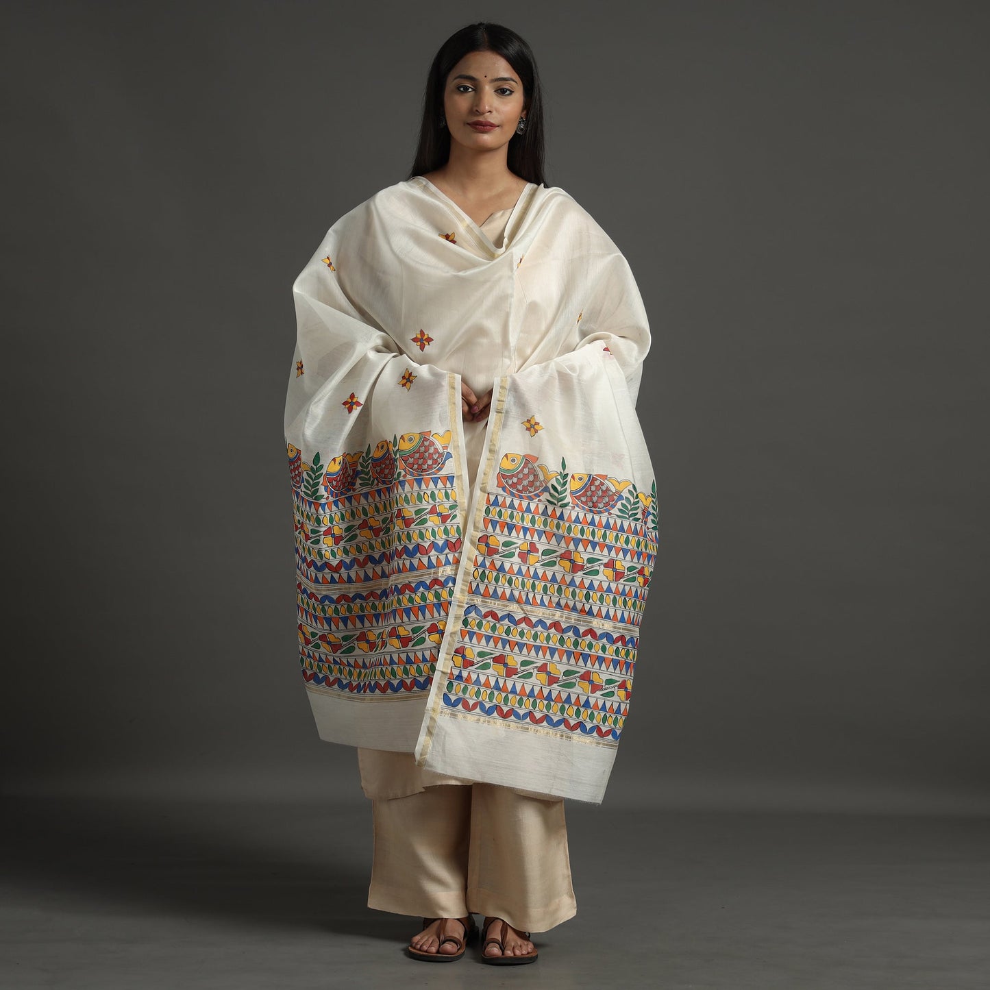 White - handloom chanderi silk handpainted madhubani