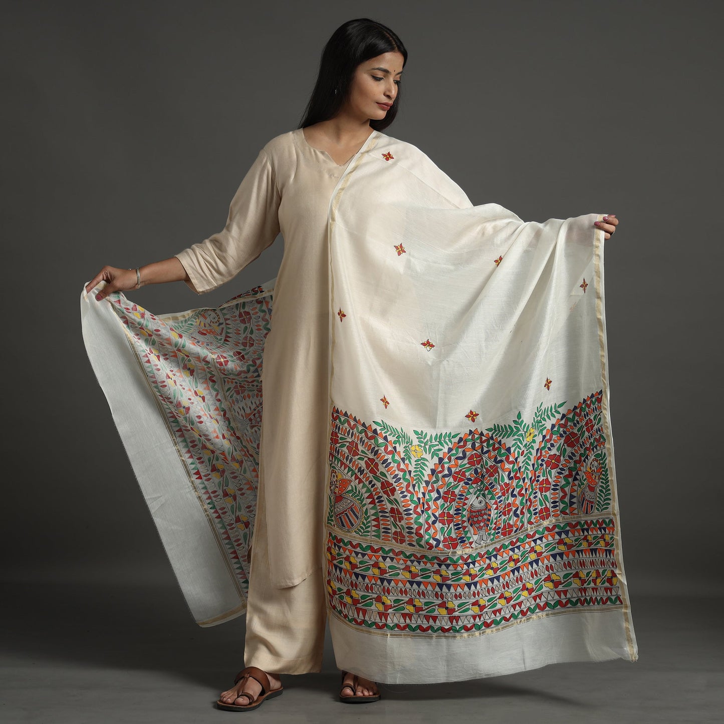 White - handloom chanderi silk handpainted madhubani