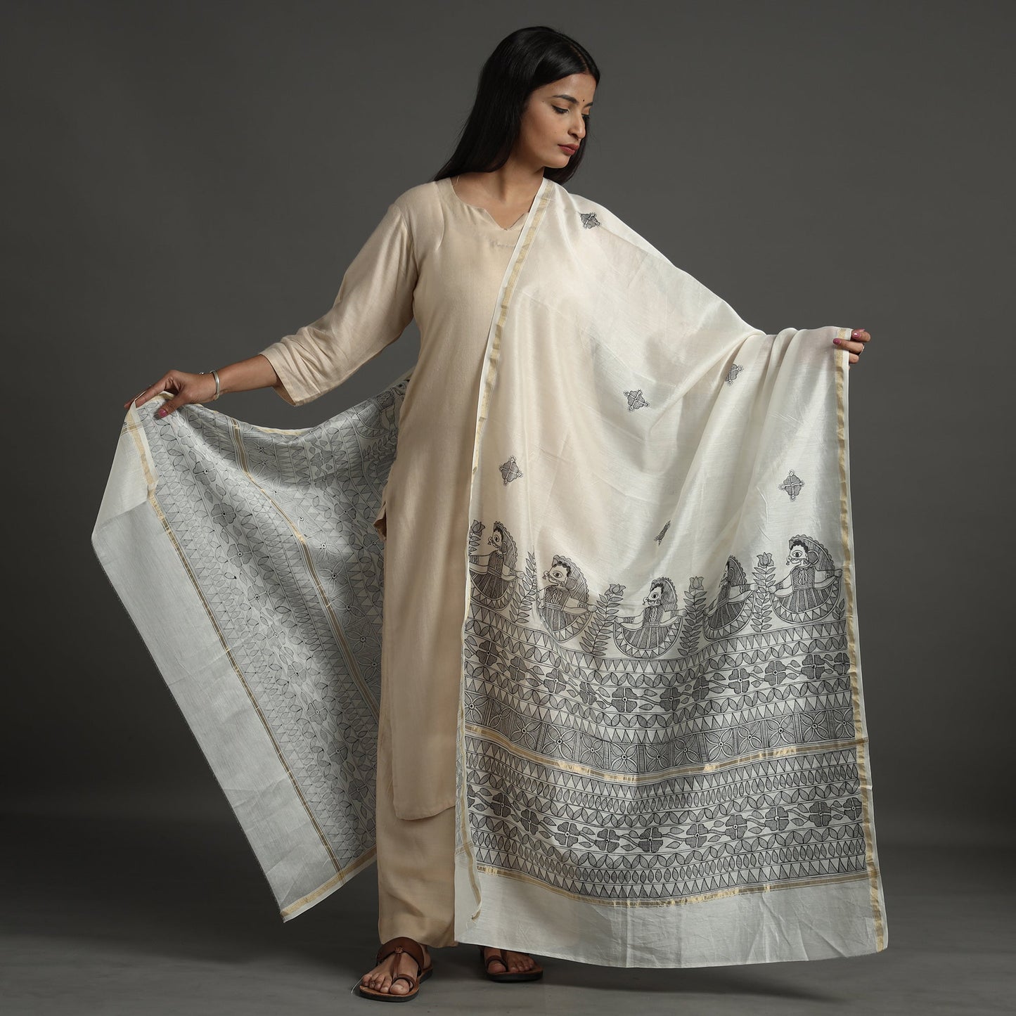 White - handloom chanderi silk handpainted madhubani