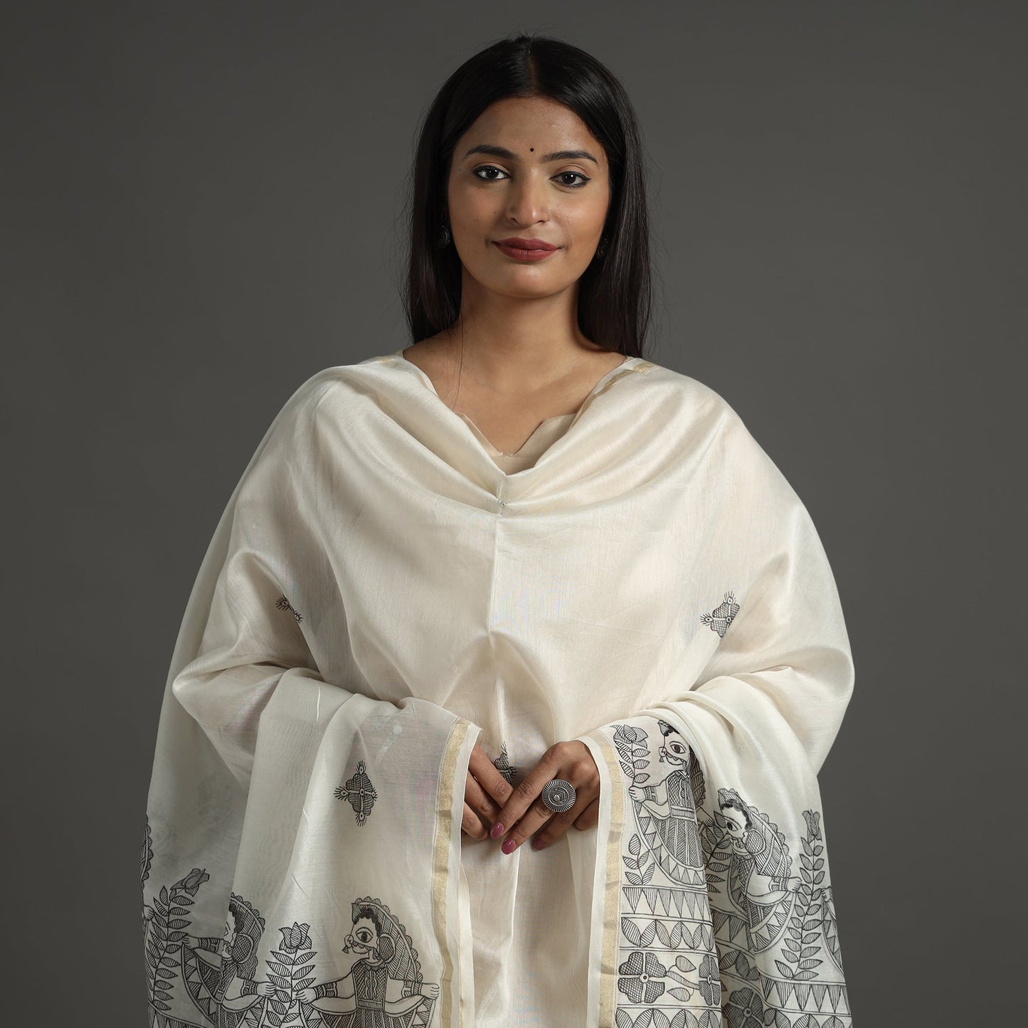 White - handloom chanderi silk handpainted madhubani