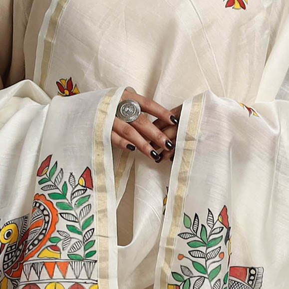 White - handloom chanderi silk handpainted madhubani