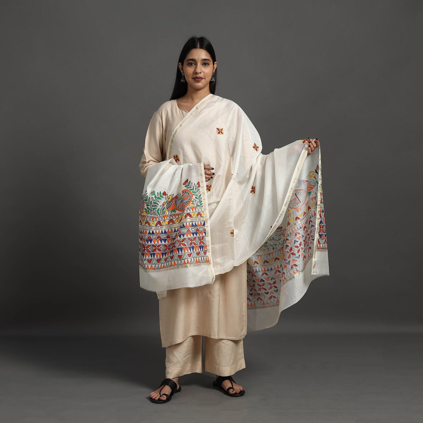 White - handloom chanderi silk handpainted madhubani