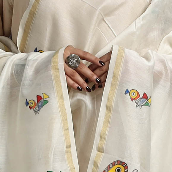 White Handloom Chanderi Silk Handpainted Madhubani Dupatta