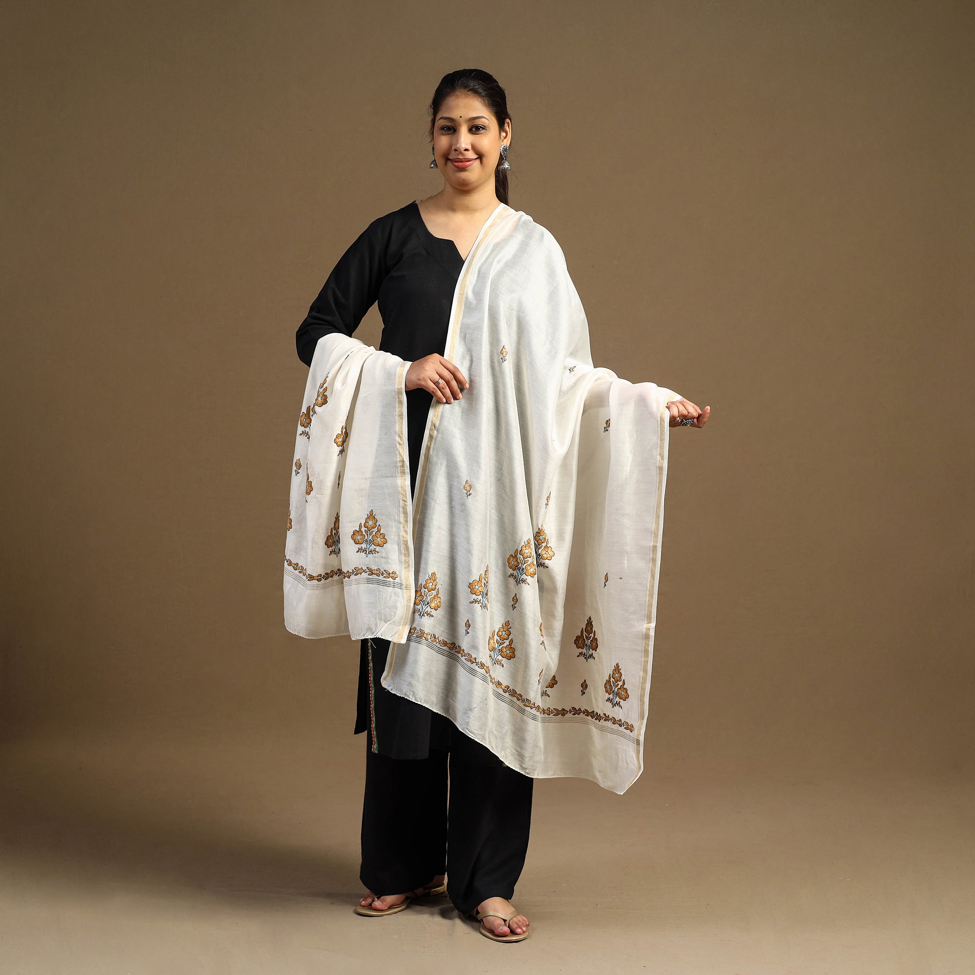 Yellow - Handloom Chanderi Silk Kashida Embroidery Dupatta 19