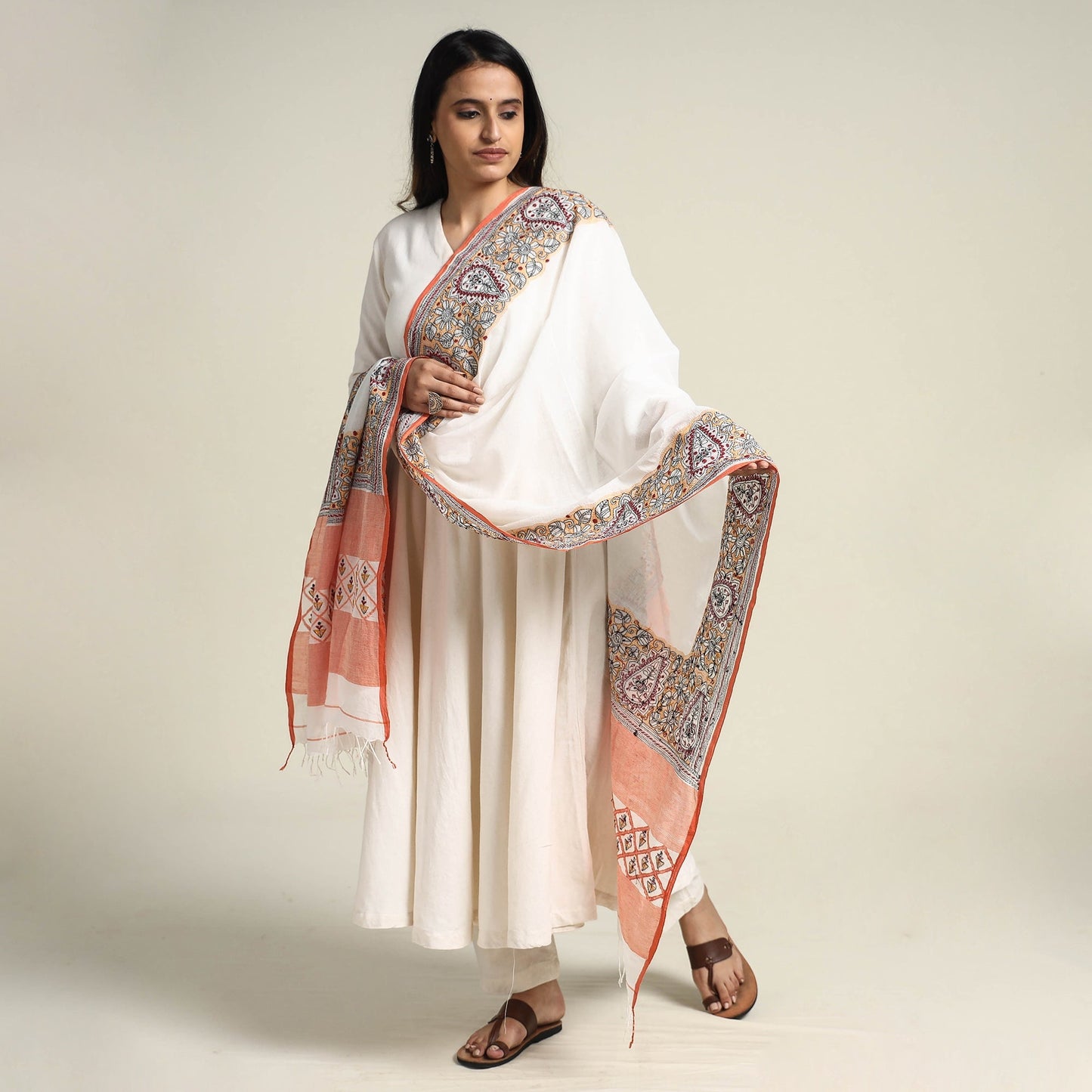 White - Bengal Kantha Embroidered Cotton Handloom Dupatta
